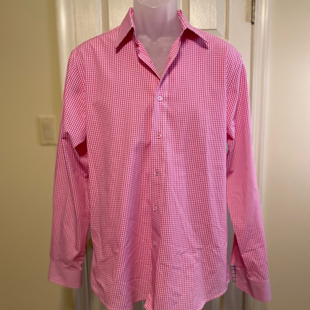 NWOT Nick Graham Everywhere Modern Men pink/white gingham shirt, 15.5 34…